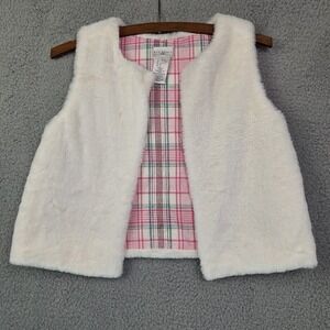 Max Studio Vest Girls Large 10/12 White Faux Fur Softest Ever Pink Plaid Lining‎